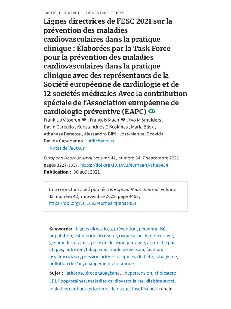 Lignes Directrices 2021 de l'ESC Sur La Prévention Des Maladies ...