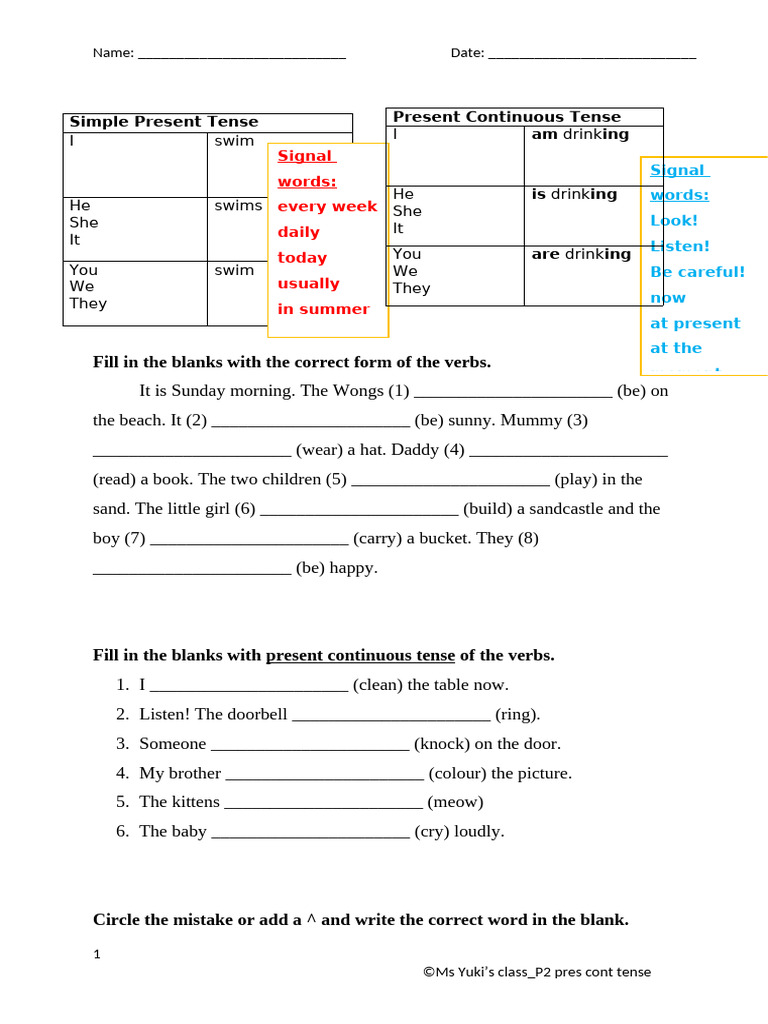 Simple Present and Continuous Tense Worksheet | PDF | Duck | Chef