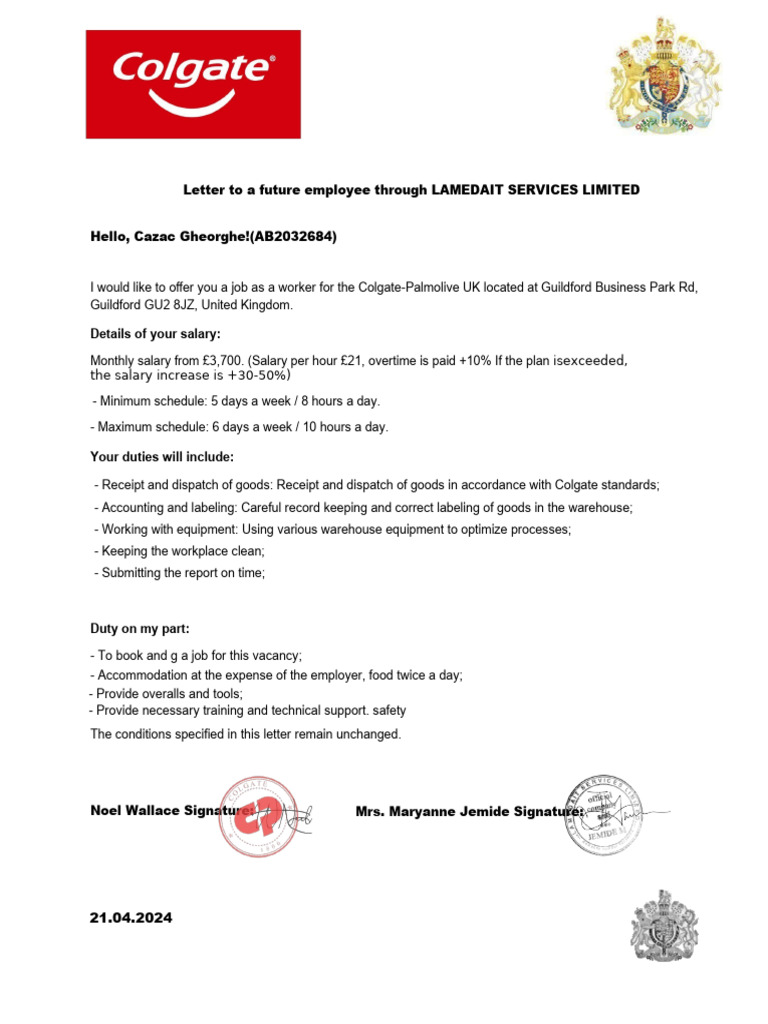 Job Offer for Colgate-Palmolive Worker | PDF