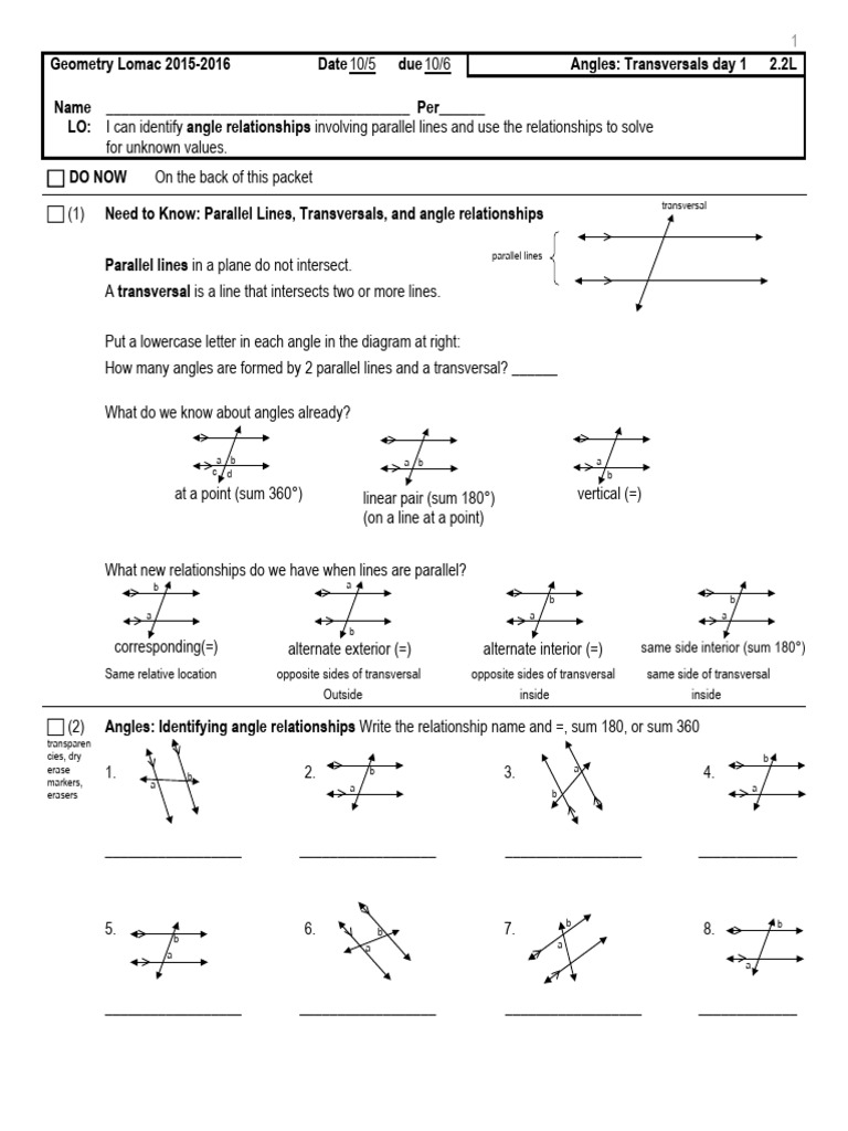 2.2L Angles and Transversals 100215 | PDF | Euclid | Geometry