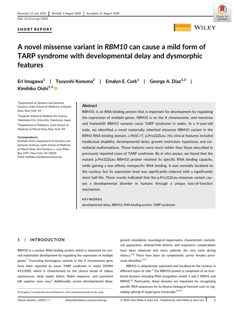 A Novel Missense Variant in RBM10 Can Cause A Mild Form of Tarp | PDF ...