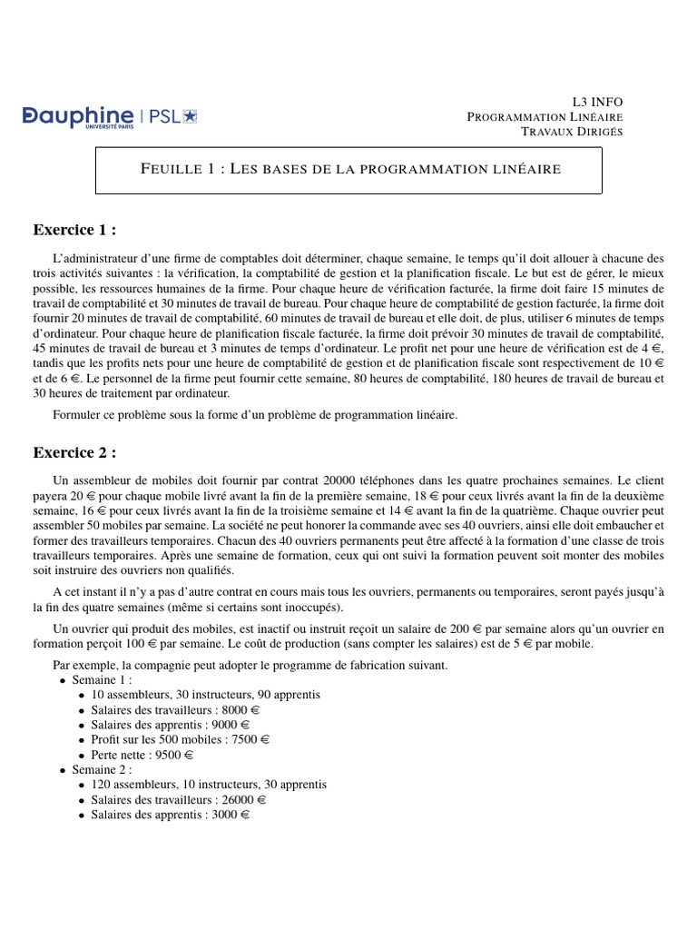 Programmation Linéaire : Problèmes et Solutions | PDF | Optimisation ...