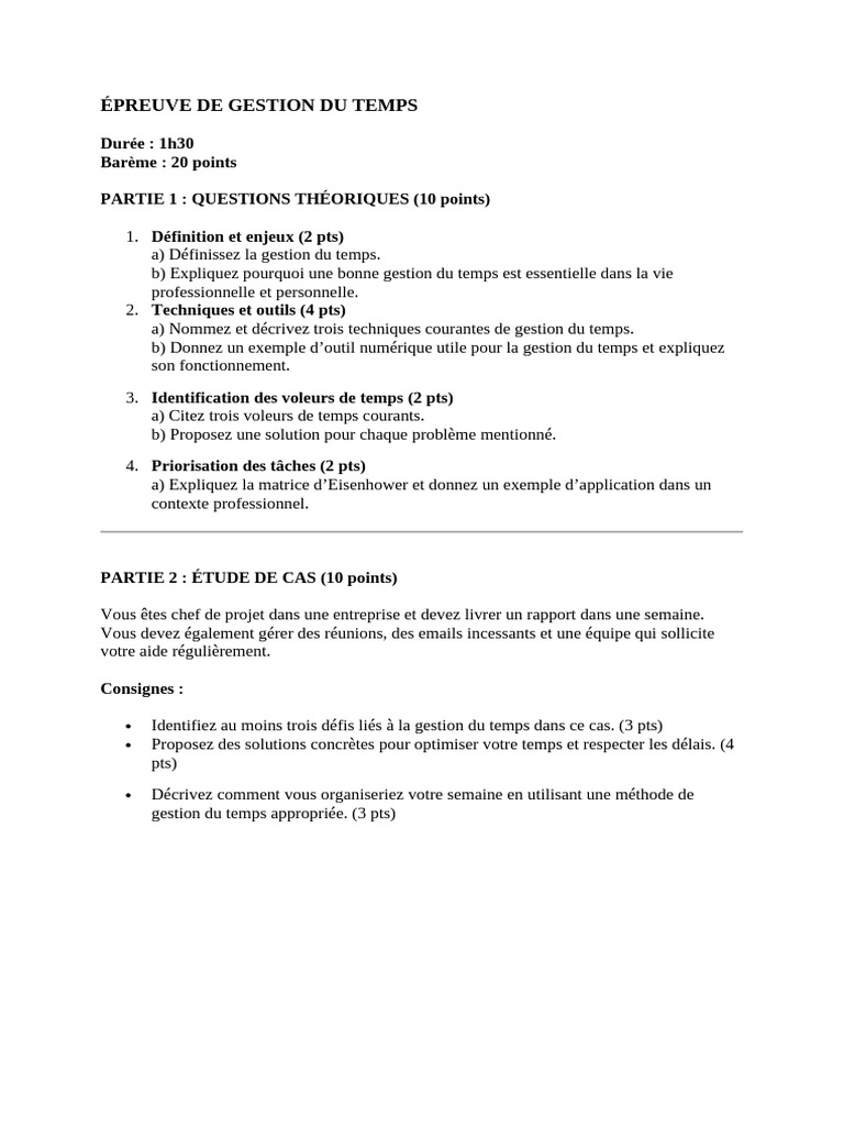 Épreuve de Gestion du Temps : Techniques et Cas Pratiques | PDF