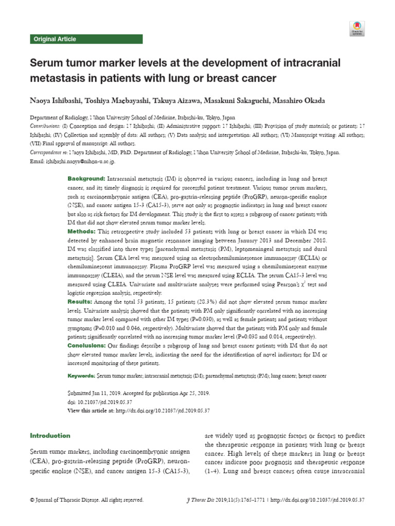 Tumor Markers and Intracranial Metastasis | PDF | Metastasis | Biomarker