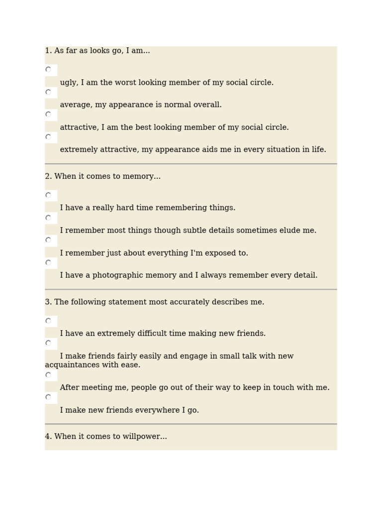 Self-Assessment Questionnaire on Traits | PDF | Senses | Common Sense