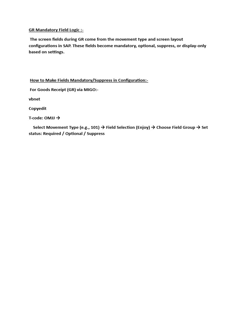 Configuring Mandatory Fields in SAP GR | PDF