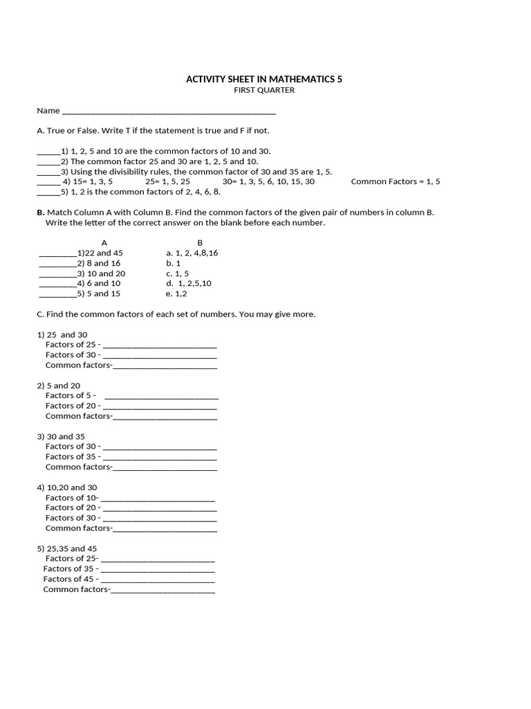 Activity Sheet in Mathematics 5 q1 | PDF