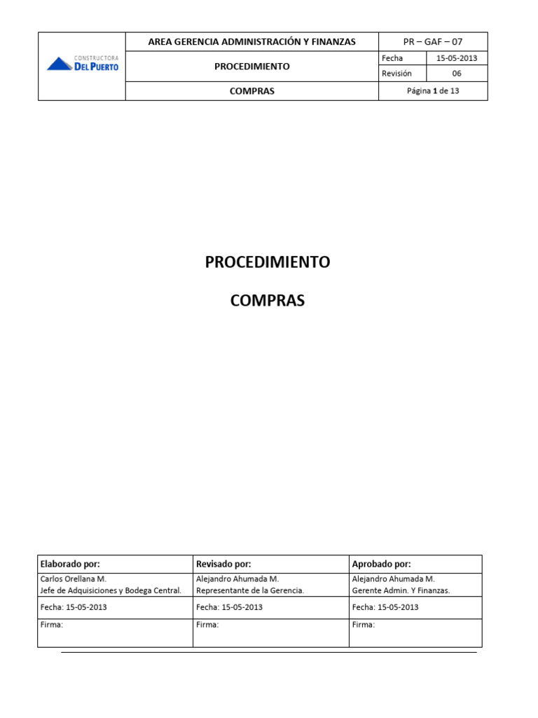 Procedimiento de Compras ISO 9001:2008 | PDF | Sistema de manejo de ...