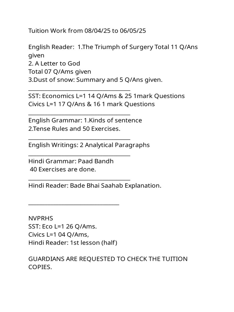 Tuition Schedule and Study Materials 2025 | PDF
