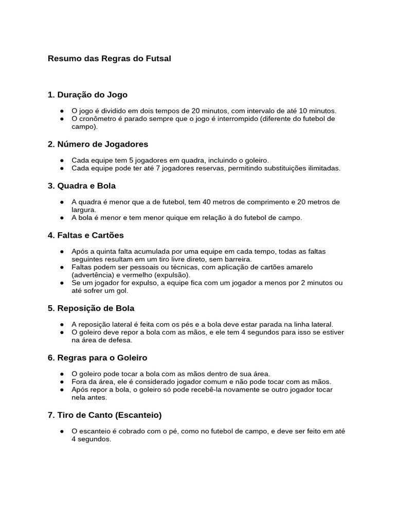 Regras Básicas do Futsal Resumidas | PDF