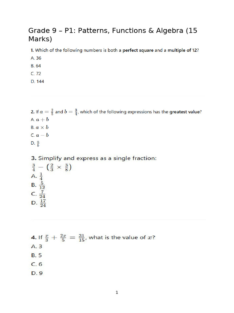 Grade 9 Math Patterns & Algebra Exam | PDF