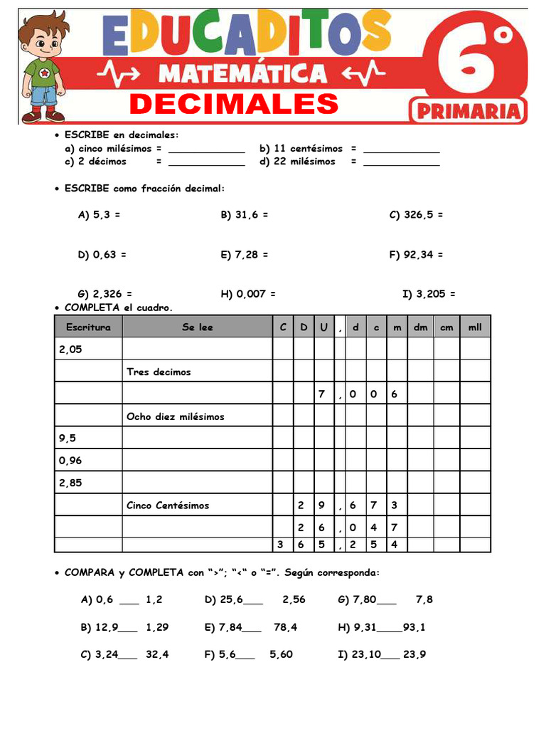 Actividades de Números Decimales 6to Grado | PDF