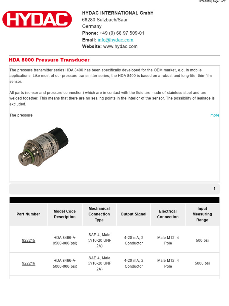 HDA 8000 Pressure Transducer Overview | PDF | Pressure Measurement ...