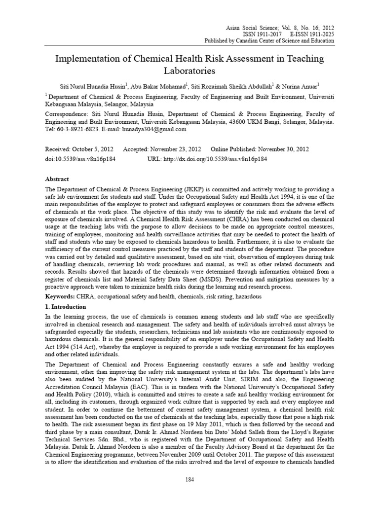 Implementation of Chemical Health Risk Assessment in 2v6kjh08w2 | PDF ...