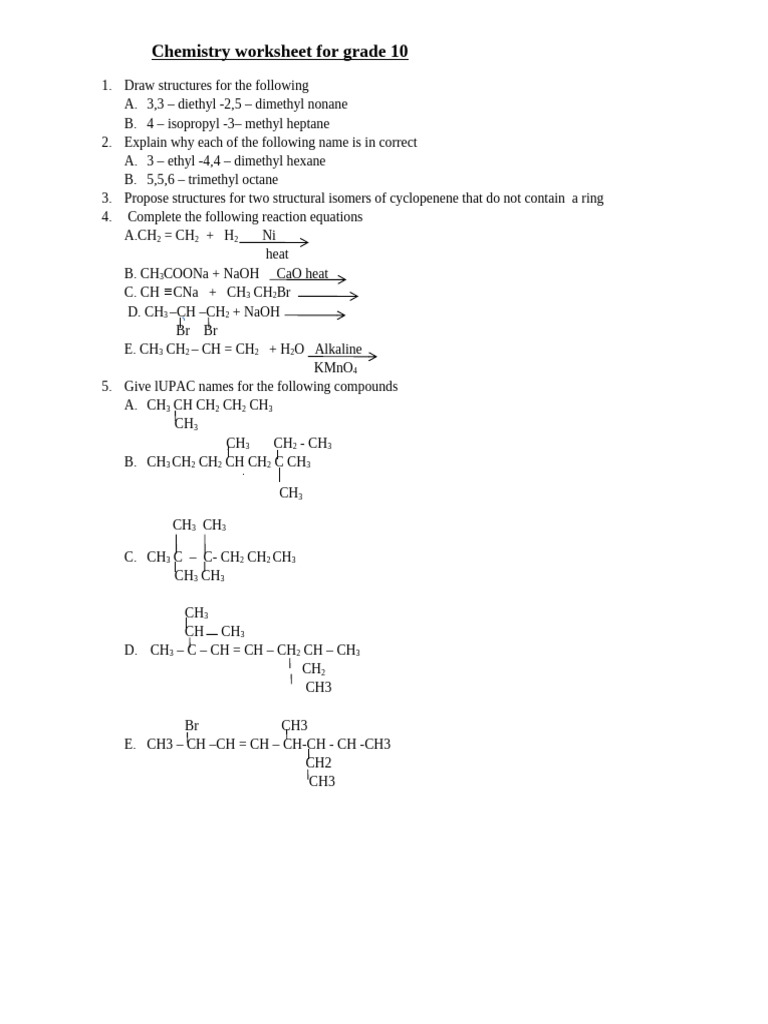 Chemistry Worksheet For Grade 10 | PDF