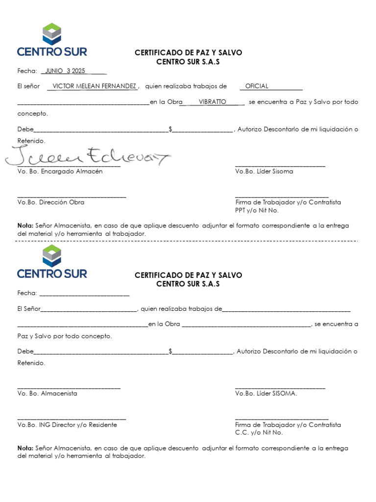 Certificado de Paz y Salvo Laboral | PDF