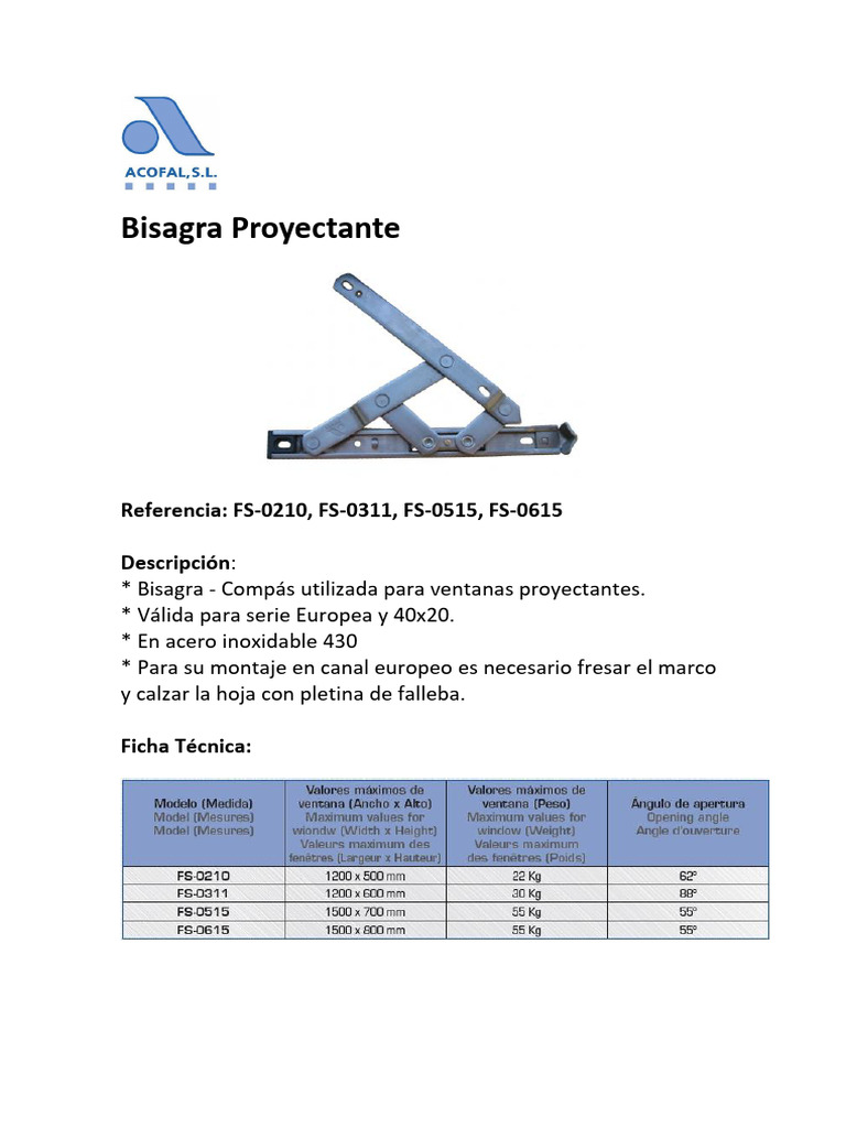 Ficha Técnica Bisagra Proyectable | PDF