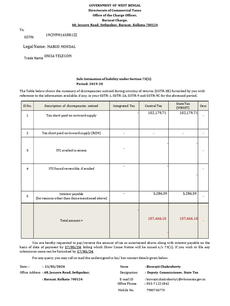 GST Discrepancy Notice for Onisa Telecom | PDF | Government Finances ...