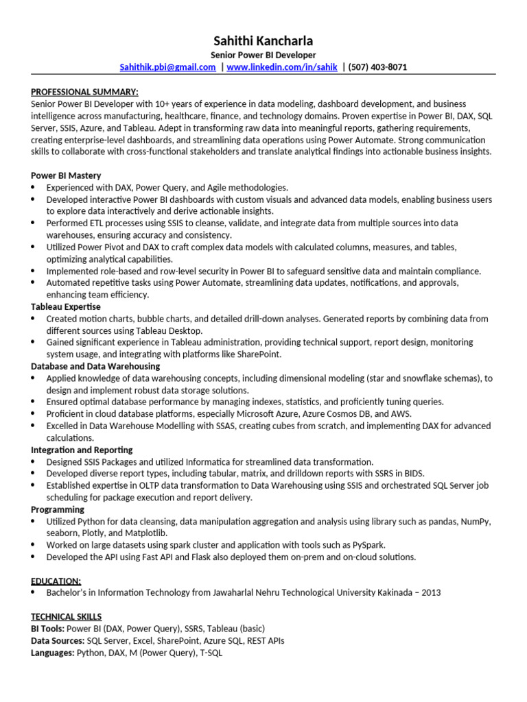 Senior Power BI Developer Profile | PDF | Microsoft Sql Server ...