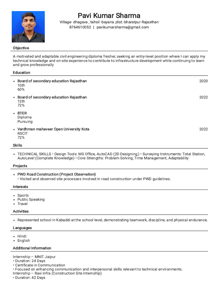 Civil Engineering Diploma Fresher Resume | PDF