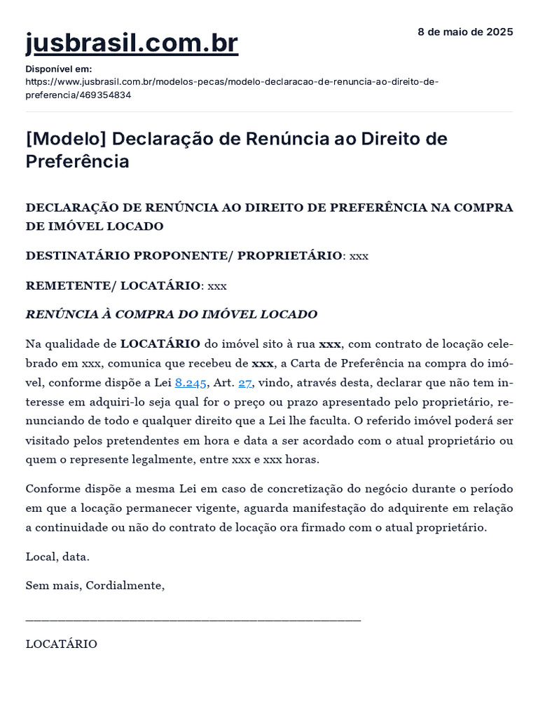 Ren ncia Ao Direito De Prefer ncia Im vel PDF