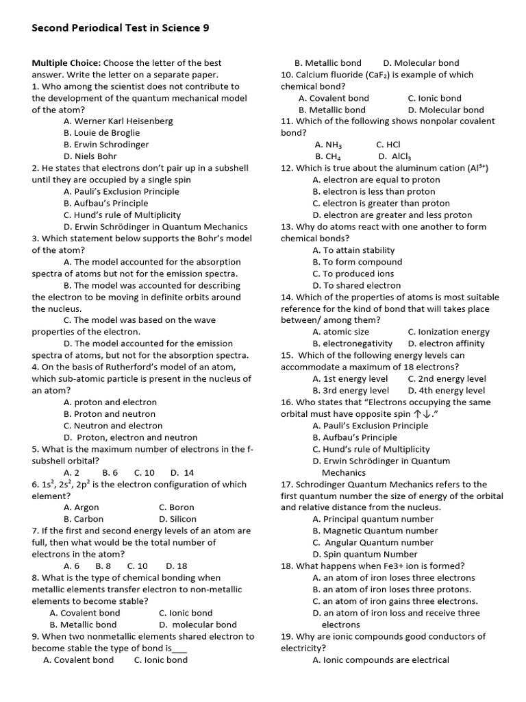 Science 9 Periodical Test Questions | PDF | Chemical Bond | Chemical ...