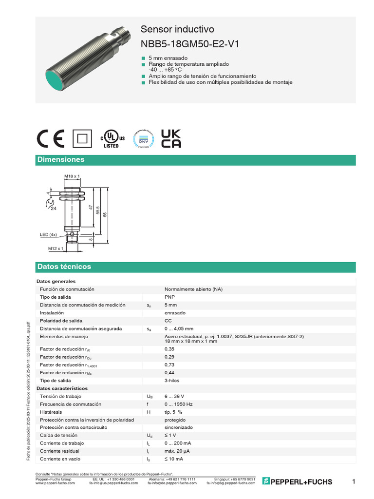 Sensor Inductivo NBB5-18GM50-E2-V1 | PDF