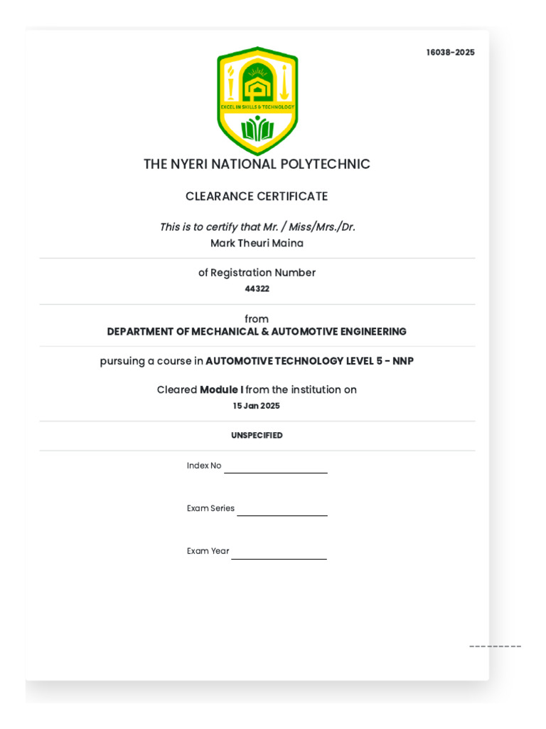Nyeri Polytechnic Clearance Certificate | PDF