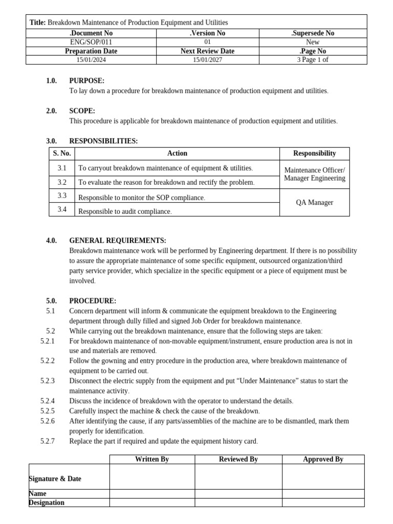 SOP For Breakdown Maintenance of Equipment | PDF