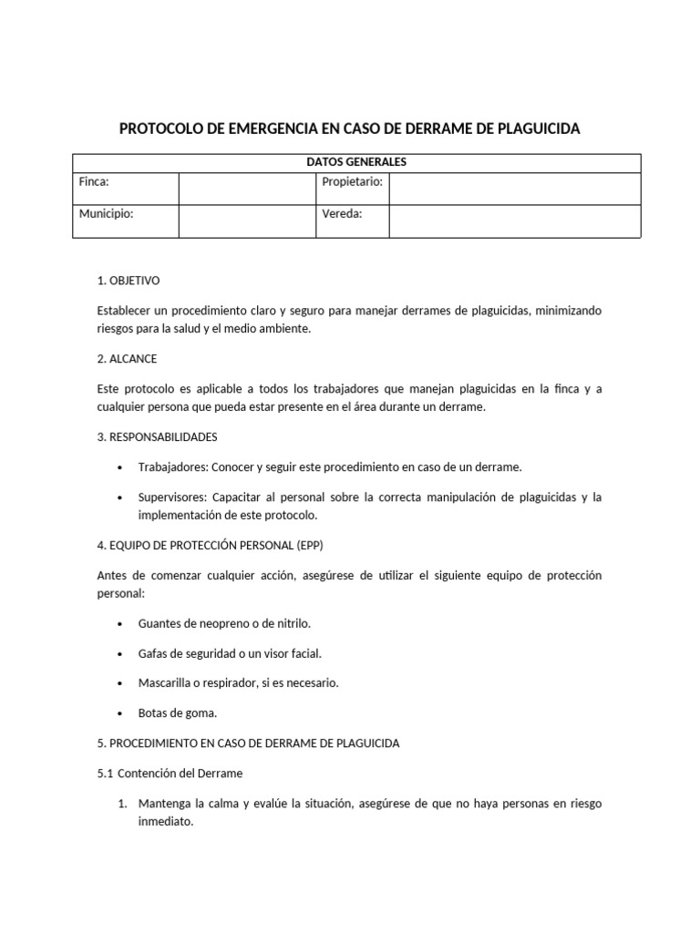 Protocolo de Emergencia: Derrame de Plaguicida | PDF | Pesticida ...