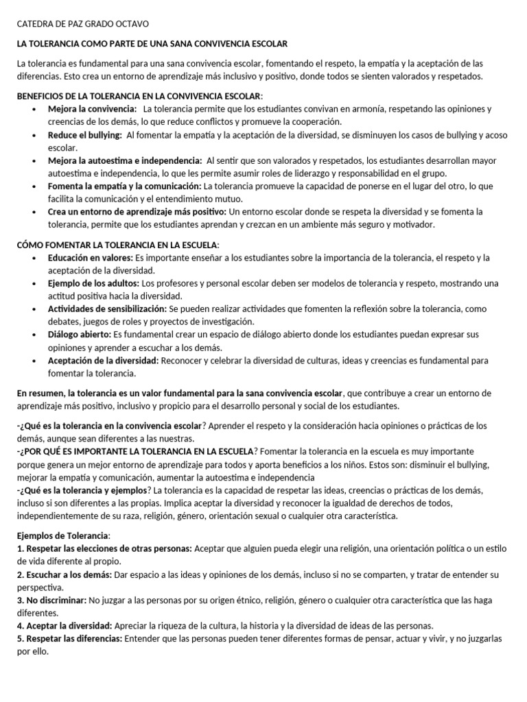 Tolerancia y convivencia escolar positiva | PDF | Tolerancia | Aprendizaje