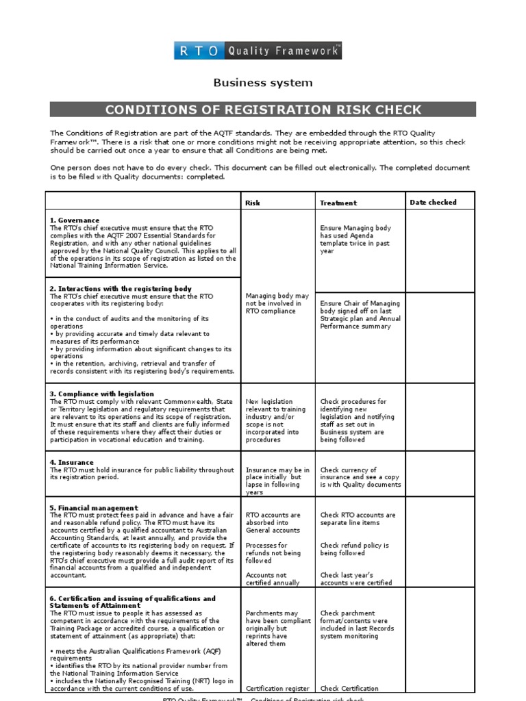 Conditions of Registration Risk Check Template | PDF | Finance & Money ...