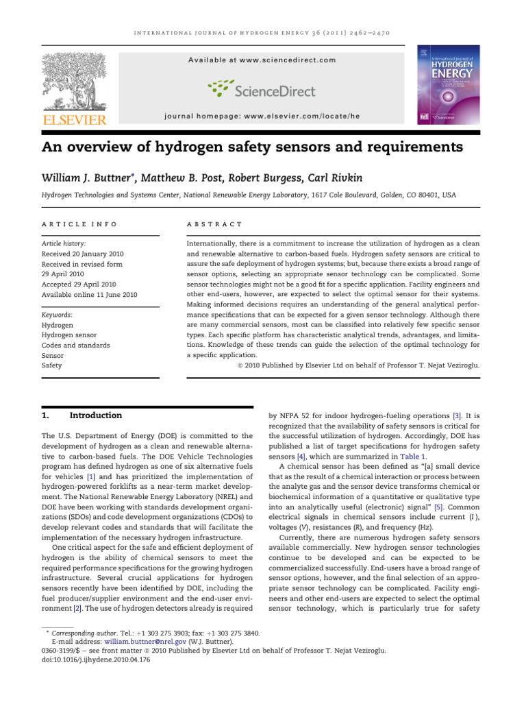 Hydrogen Safety Sensors Overview | PDF
