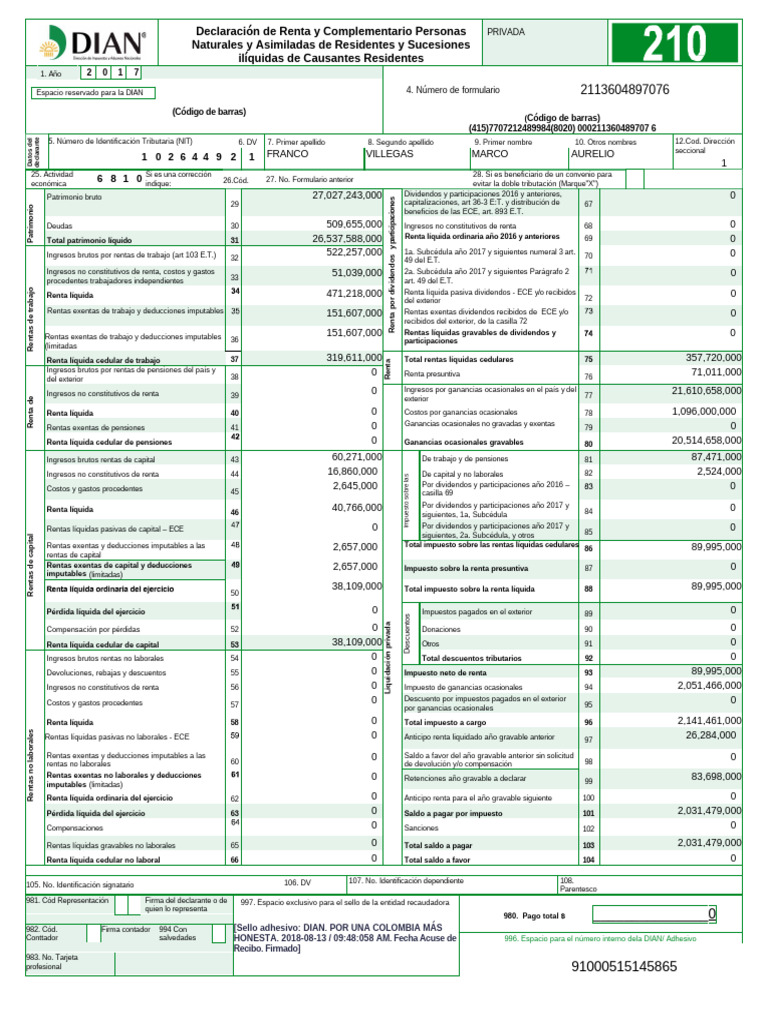 Declaración de Renta 2017. - Form 210 | PDF | Impuesto sobre la renta ...