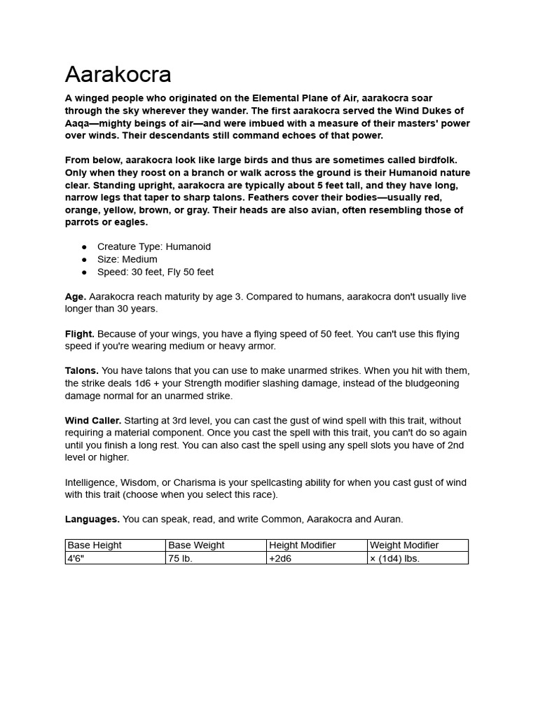 Aarakocra Race Overview and Stats | PDF