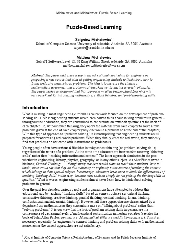 Michalewicz and Michalewicz Puzzle Based Learning PDF Project Based