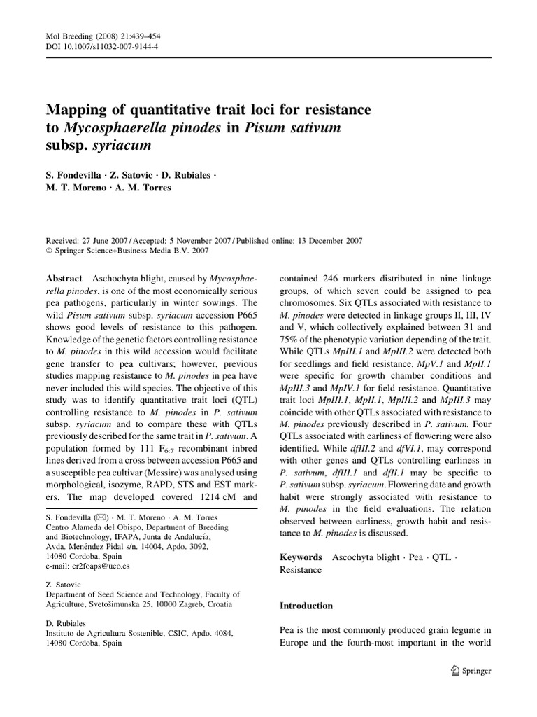 QTL Mapping for Mycosphaerella Resistance in Peas | PDF | Quantitative ...