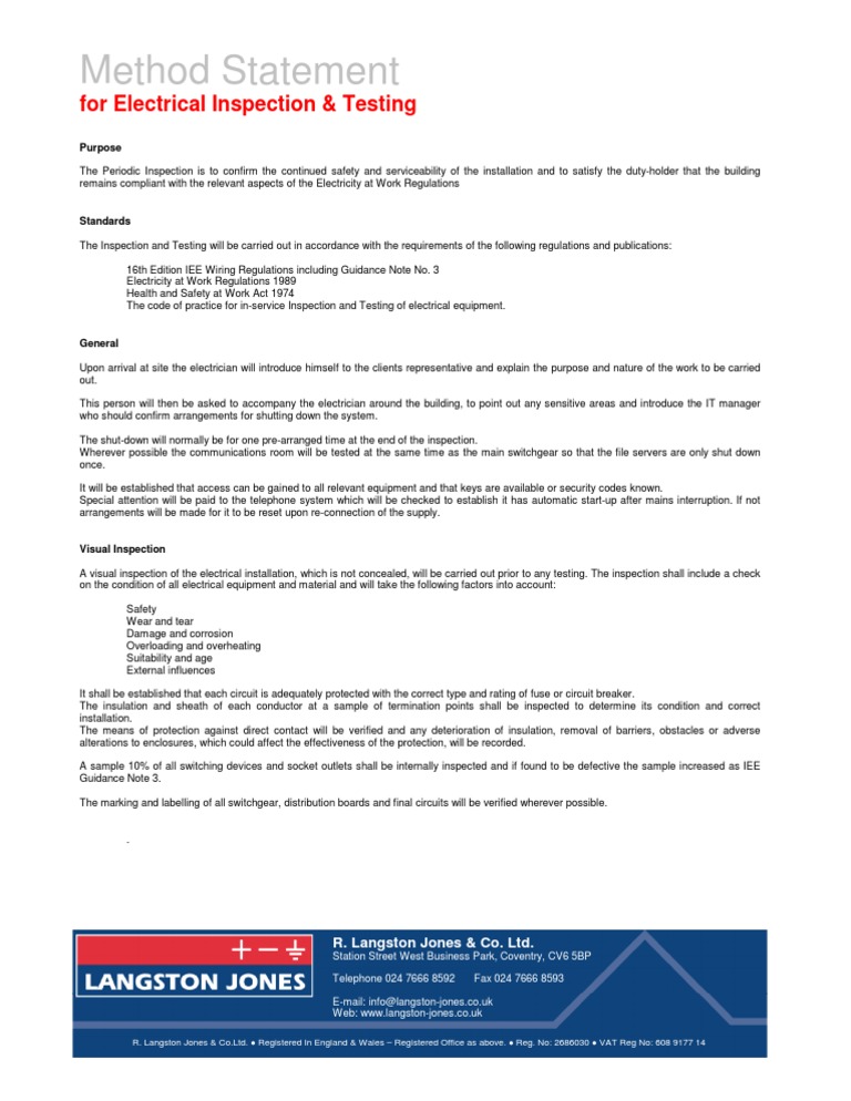Method Statement: For Electrical Inspection & Testing | PDF