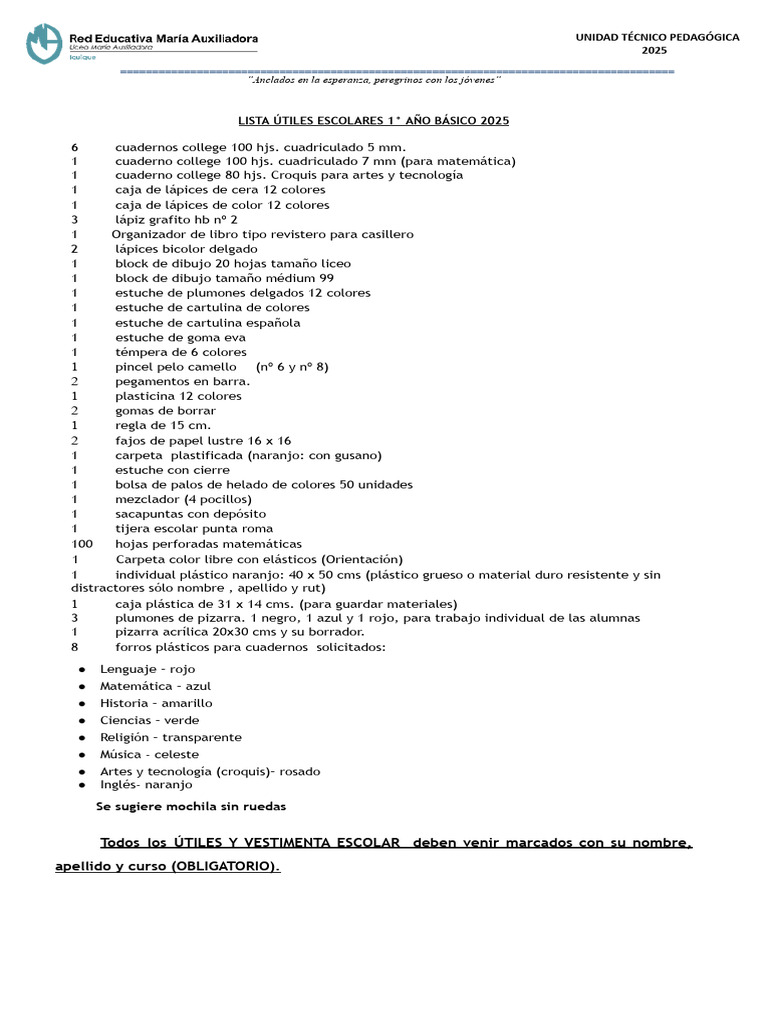 Lista de Útiles Escolares 2025 Básico | PDF | Lápiz | Dibujo