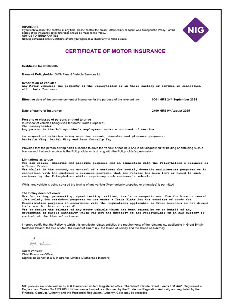 NIG Motor Trade Insurance Certificate | PDF | Insurance | Vehicles