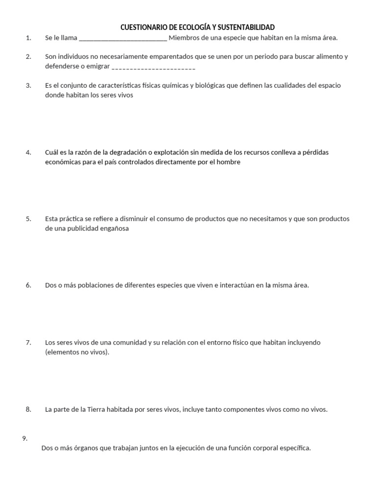 Cuestionario de Ecología y Sustentabilidad | PDF | Entorno natural ...