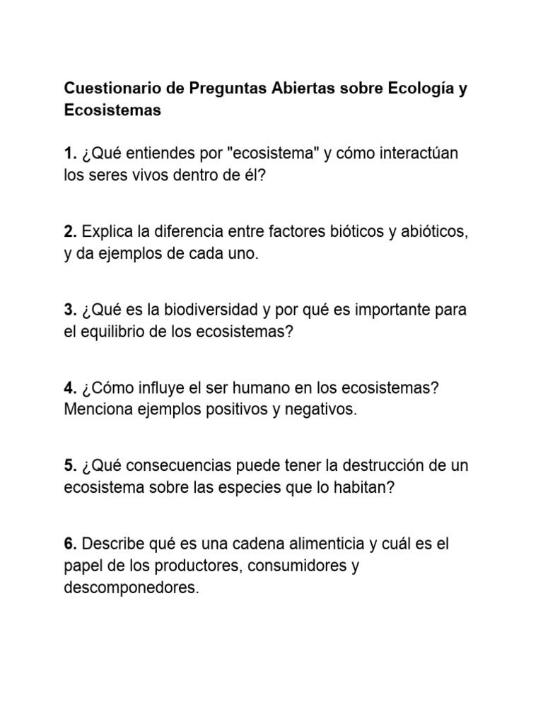 Cuestionario sobre Ecología y Ecosistemas | PDF