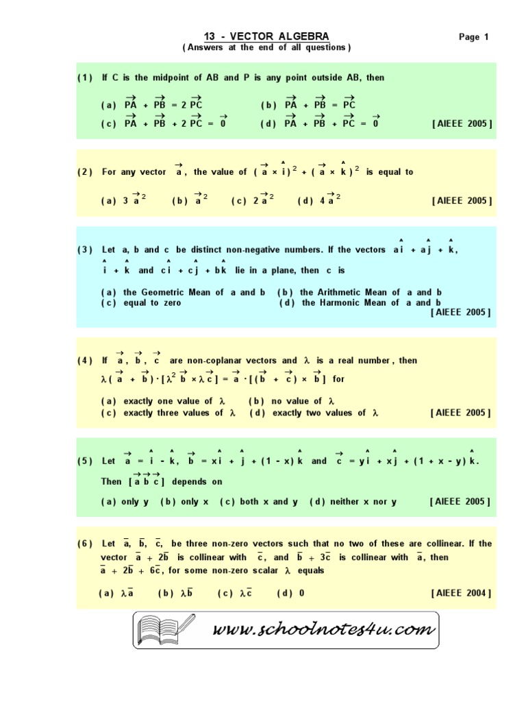 Class 12 Vector Algebra MCQs | PDF | Euclidean Vector | Vector Space