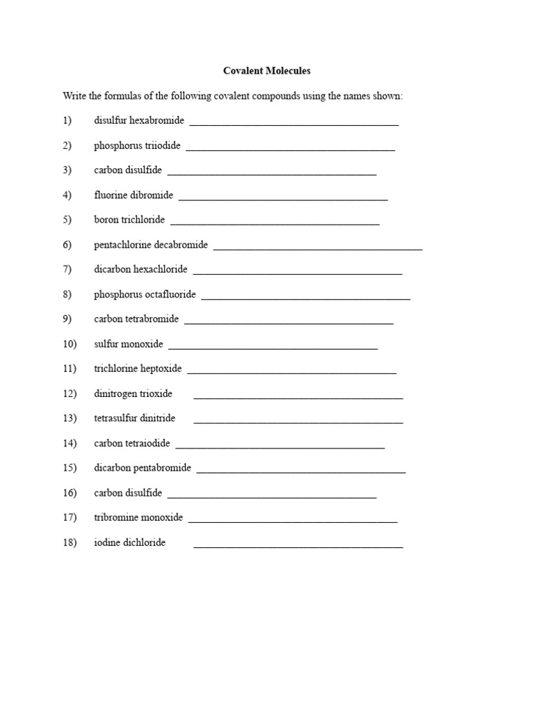 #Ch+2 Worksheet+3 Writing+Formulas+-+Covalent+Molecules+and+KEY | PDF