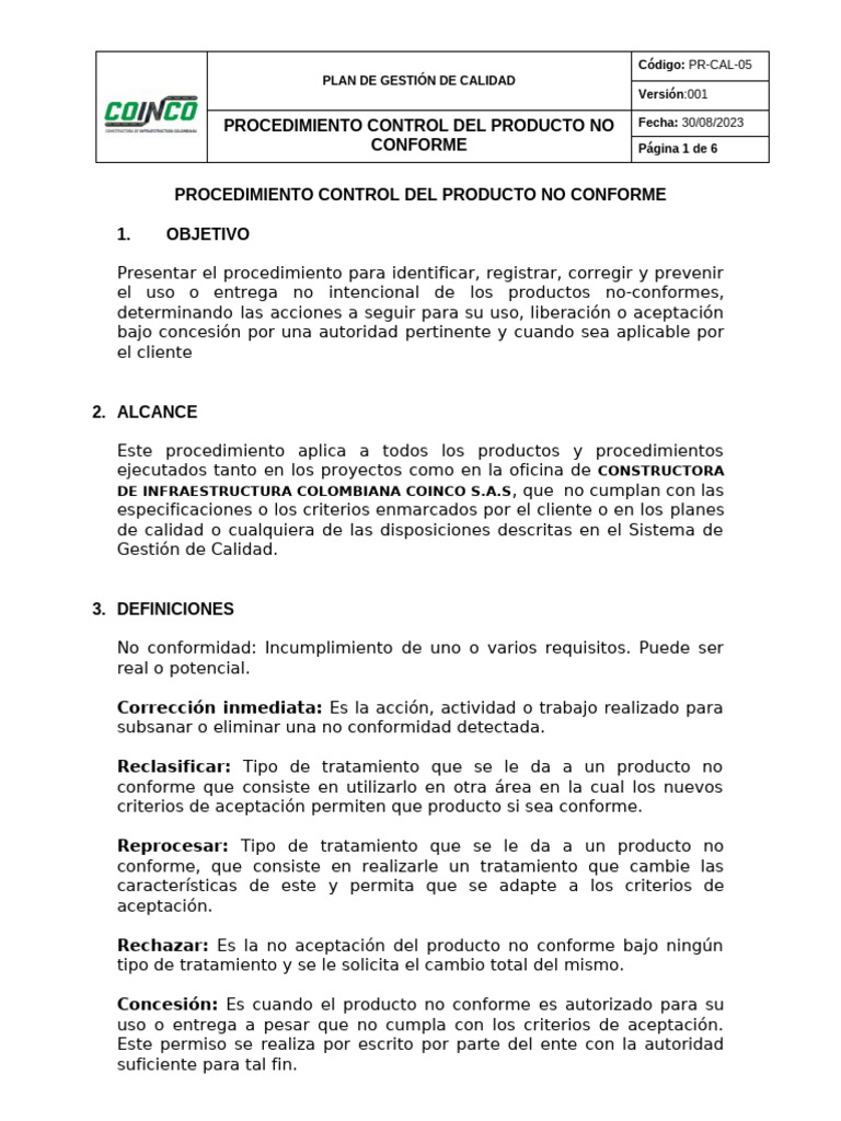Control de Producto No Conforme PR05 | PDF | Sistema de manejo de calidad