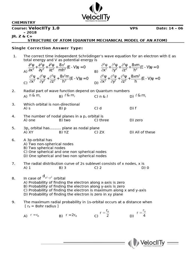 1.0 VPS (Z&C+) Structure of Atom (Quantum Numbers) (14!6!18) | PDF ...