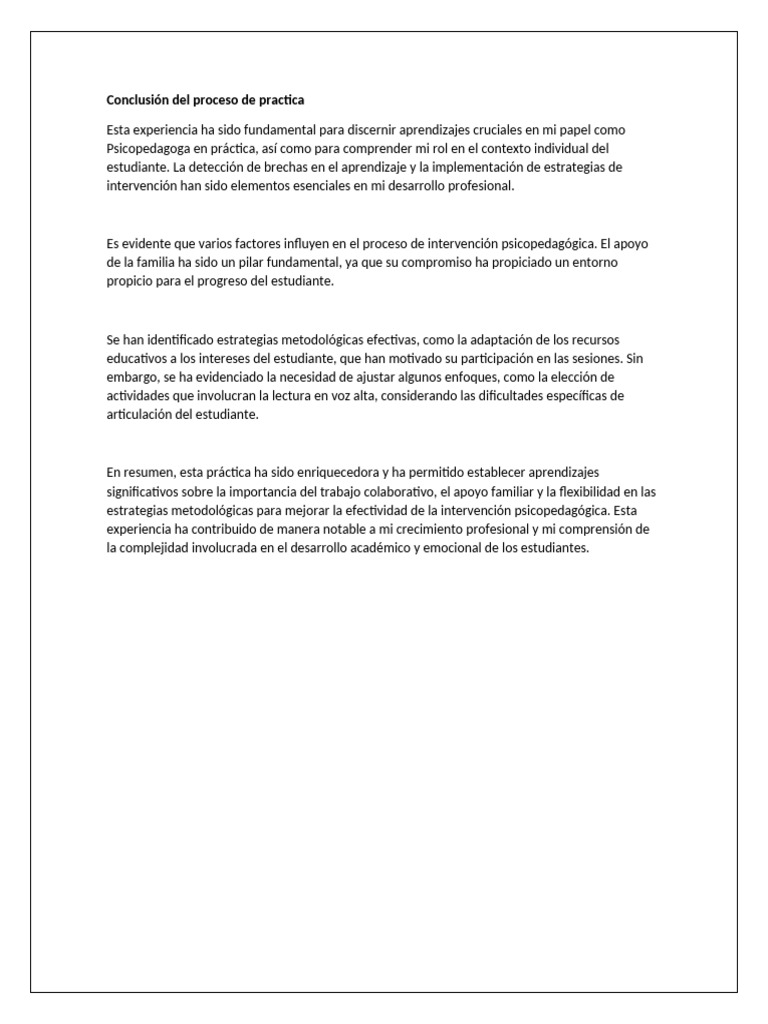 Conclusión Del Proceso de Practica Renato | PDF