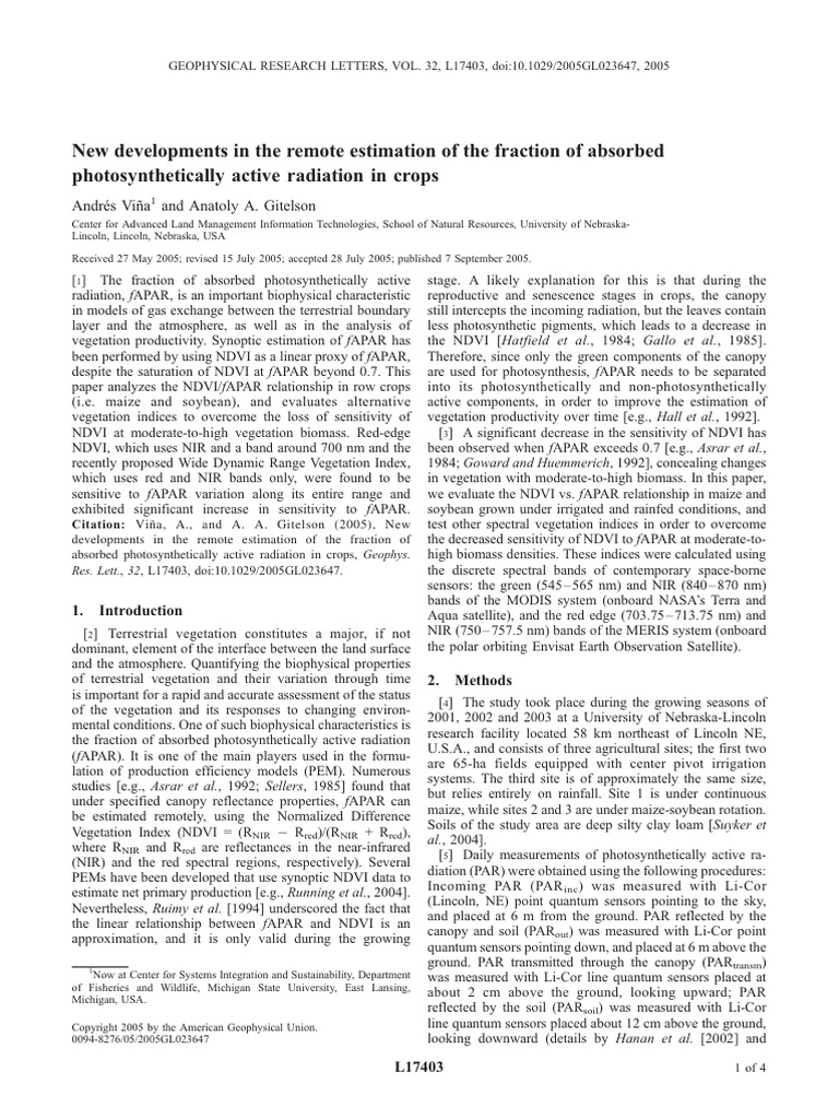 Remote Estimation of fAPAR in Crops | PDF
