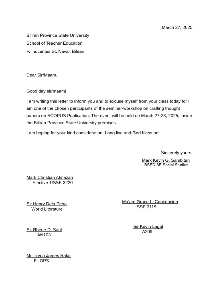 Excuse Letter | PDF