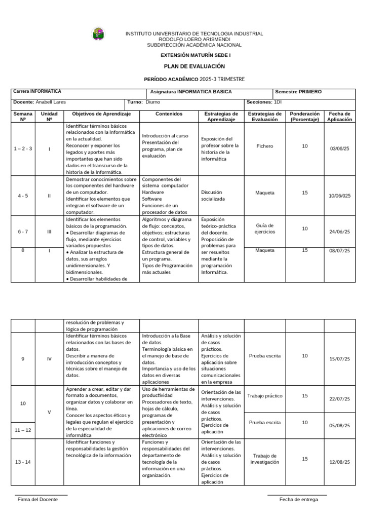 Plan de Evaluación Informática Básica 2025 | PDF | Datos | Informática